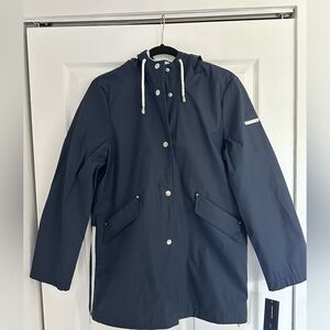 French Connection Navy Blue Hooded Raincoat with White Details